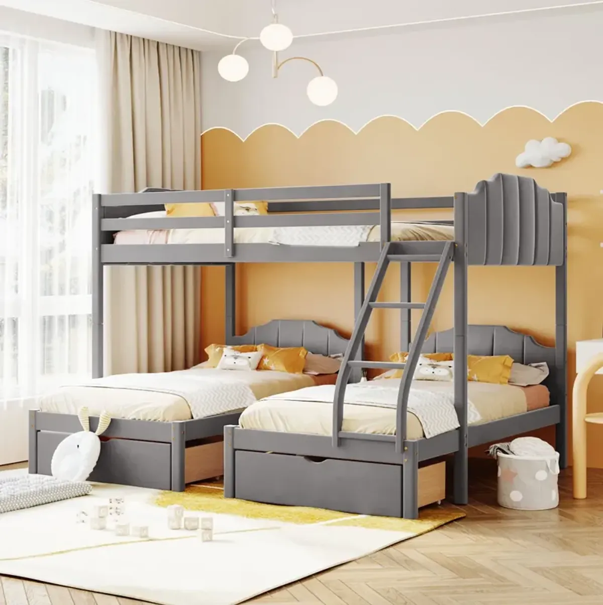 Full Over Twin & Twin Bunk Bed, Velvet Triple Bunk Bed With Drawers And Guardrails