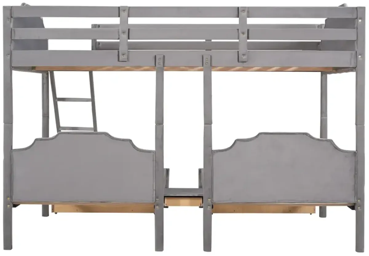 Full Over Twin & Twin Bunk Bed, Velvet Triple Bunk Bed With Drawers And Guardrails