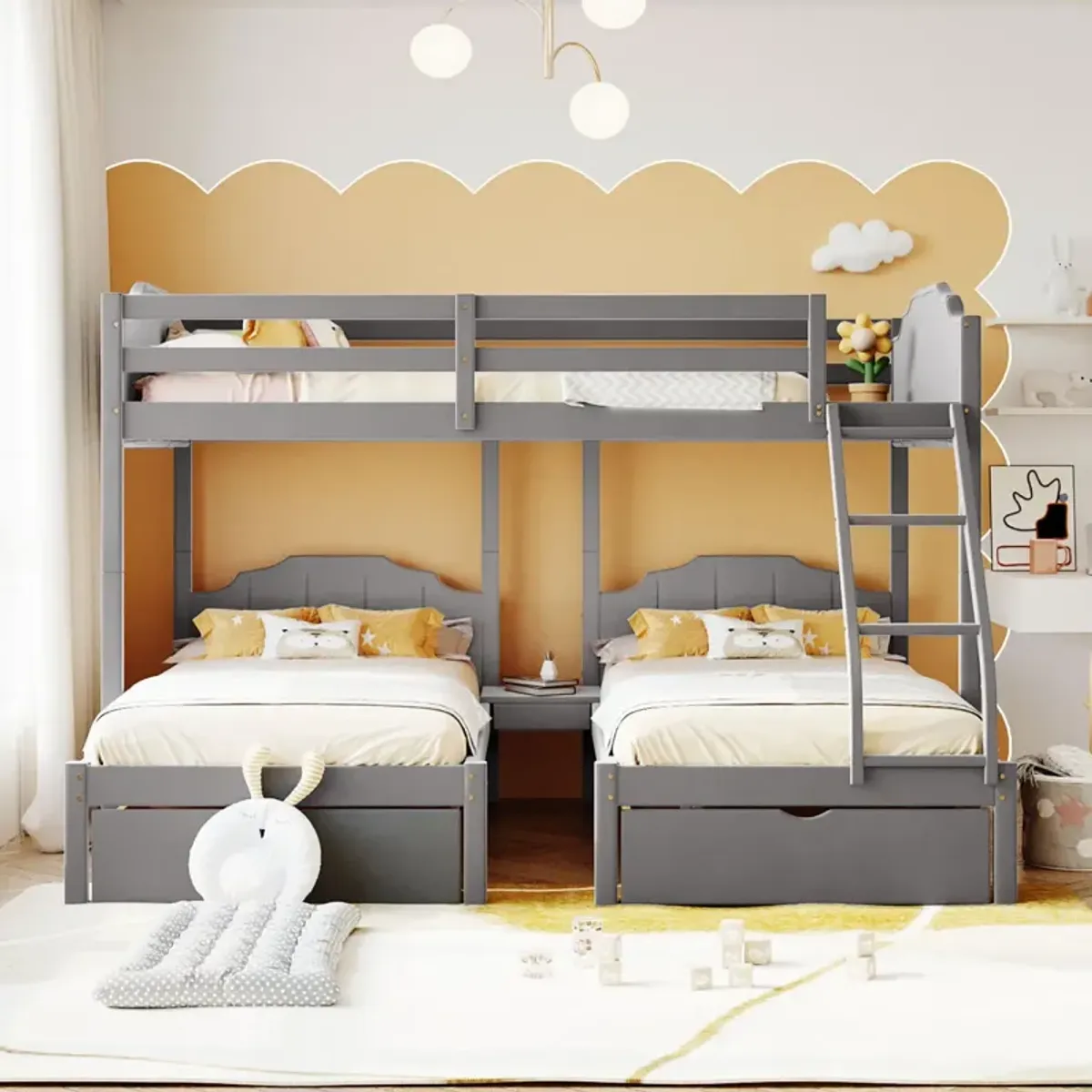 Full Over Twin & Twin Bunk Bed, Velvet Triple Bunk Bed With Drawers And Guardrails