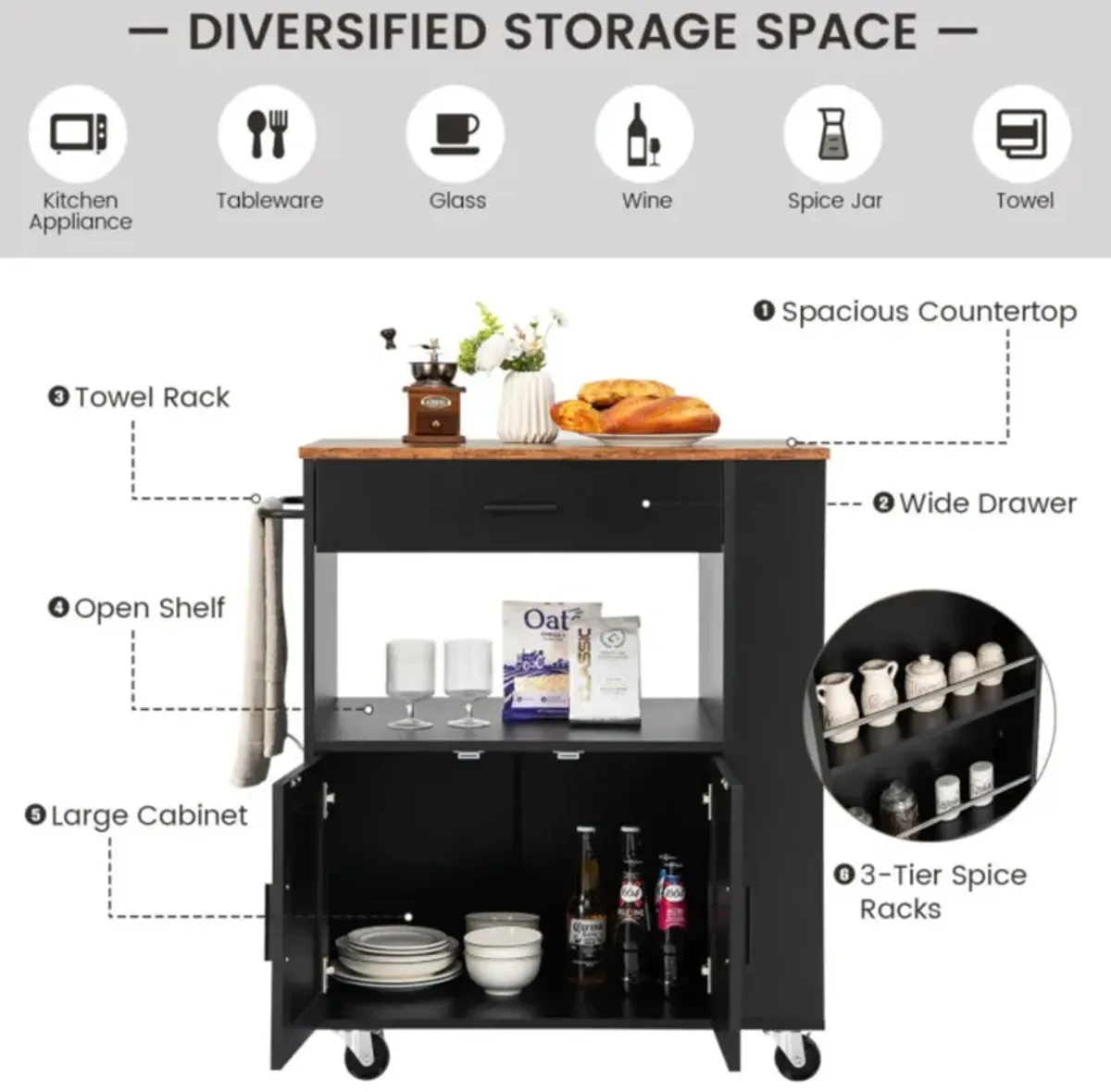 Hivvago Rolling Kitchen Trolley with 3 Spice Racks Drawer and Open Shelf-Black