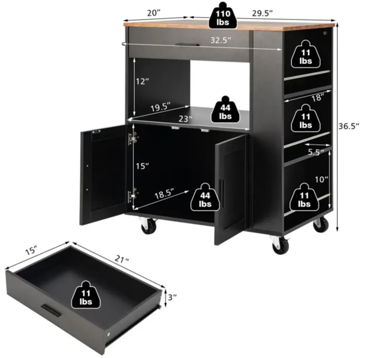 Hivvago Rolling Kitchen Trolley with 3 Spice Racks Drawer and Open Shelf-Black