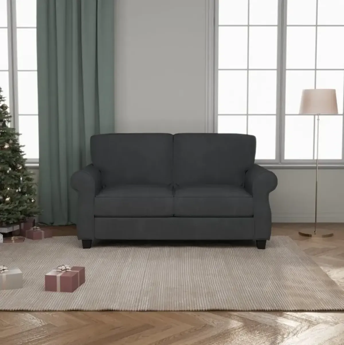 Modern Grey 2 Seater Sofa with Solid Wood Frame