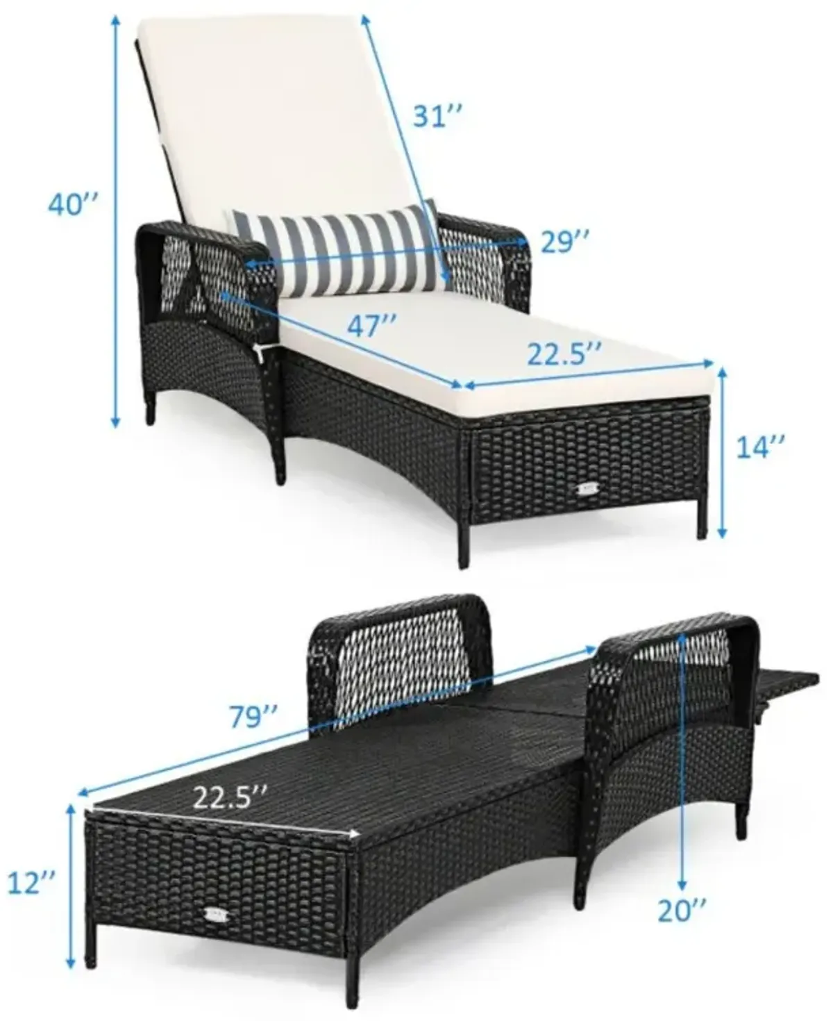 Hivvago Patio Wicker Chaise Lounge Chair with Pillow and Adjustable Backrest with Cushion