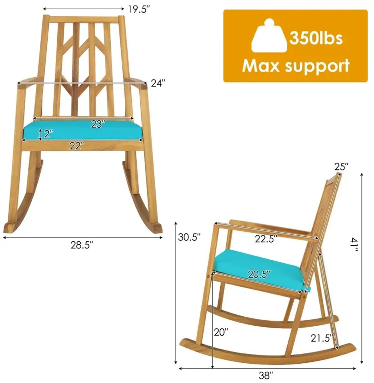 Patio Acacia Wood Rocking Chair Sofa with Armrest and Cushion for Garden and Deck