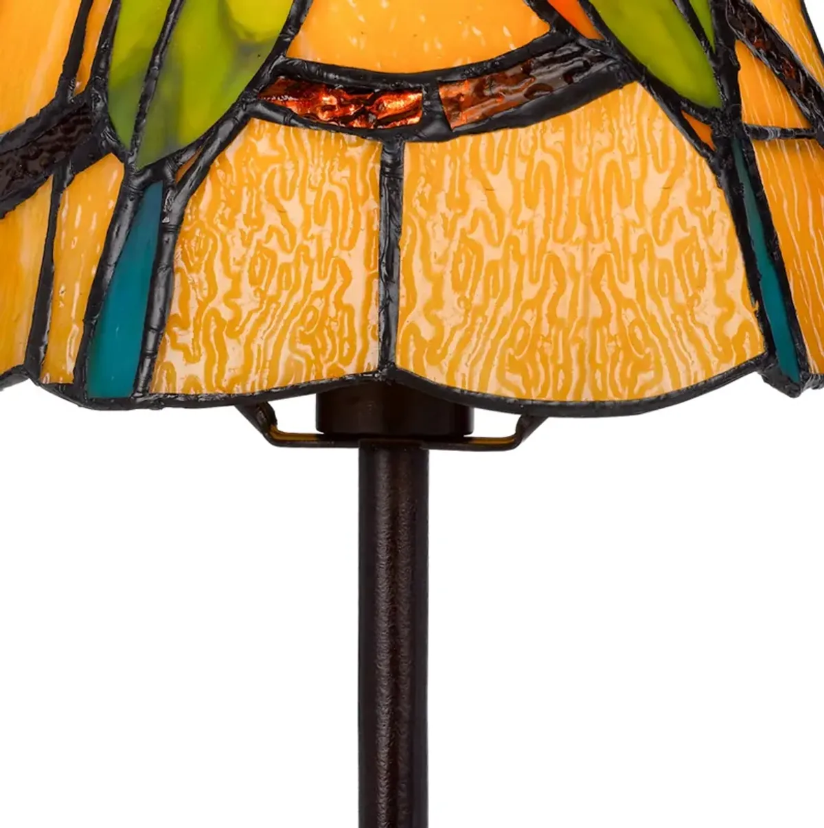 Eli 13 Inch Accent Lamp, Painted Avian Pair Tiffany Style Shade, Multicolor-Benzara