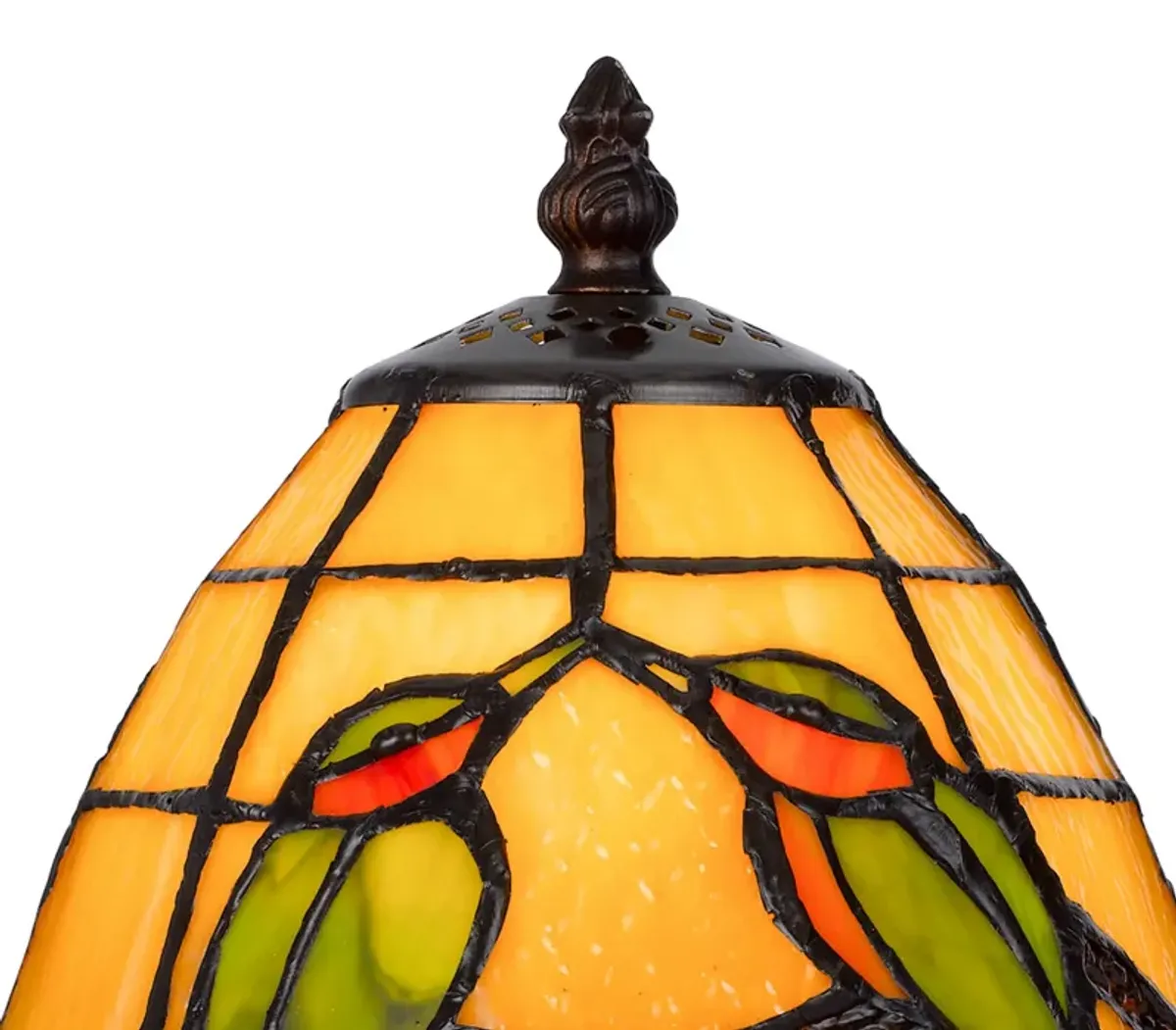 Eli 13 Inch Accent Lamp, Painted Avian Pair Tiffany Style Shade, Multicolor-Benzara