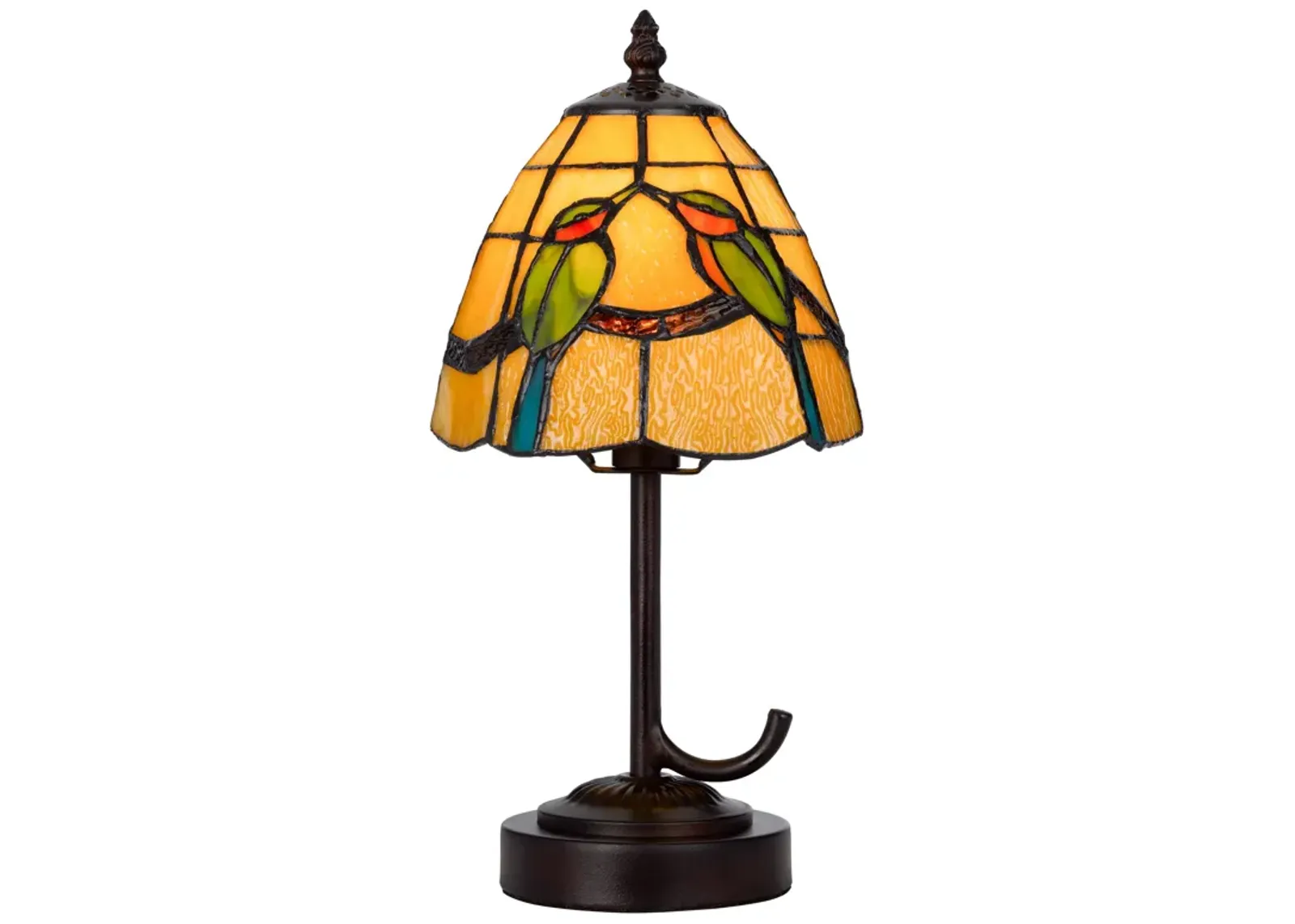 Eli 13 Inch Accent Lamp, Painted Avian Pair Tiffany Style Shade, Multicolor-Benzara