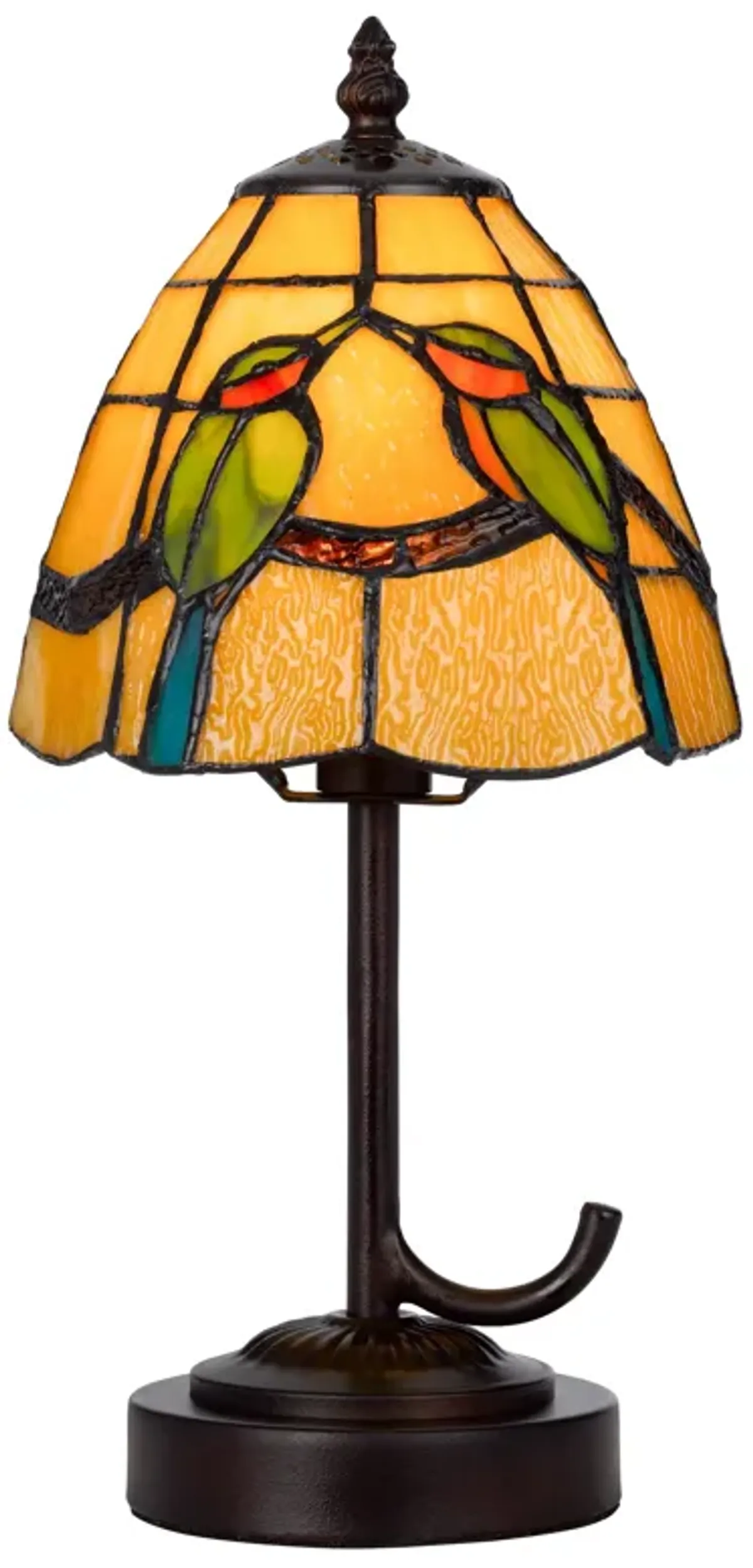 Eli 13 Inch Accent Lamp, Painted Avian Pair Tiffany Style Shade, Multicolor-Benzara