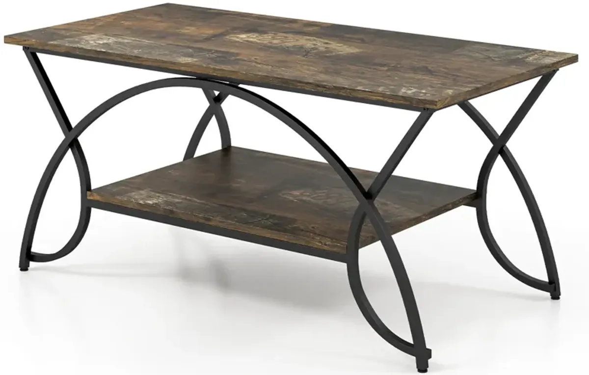 2-Tier Faux Marble Coffee Table with Marble Top and Metal Frame