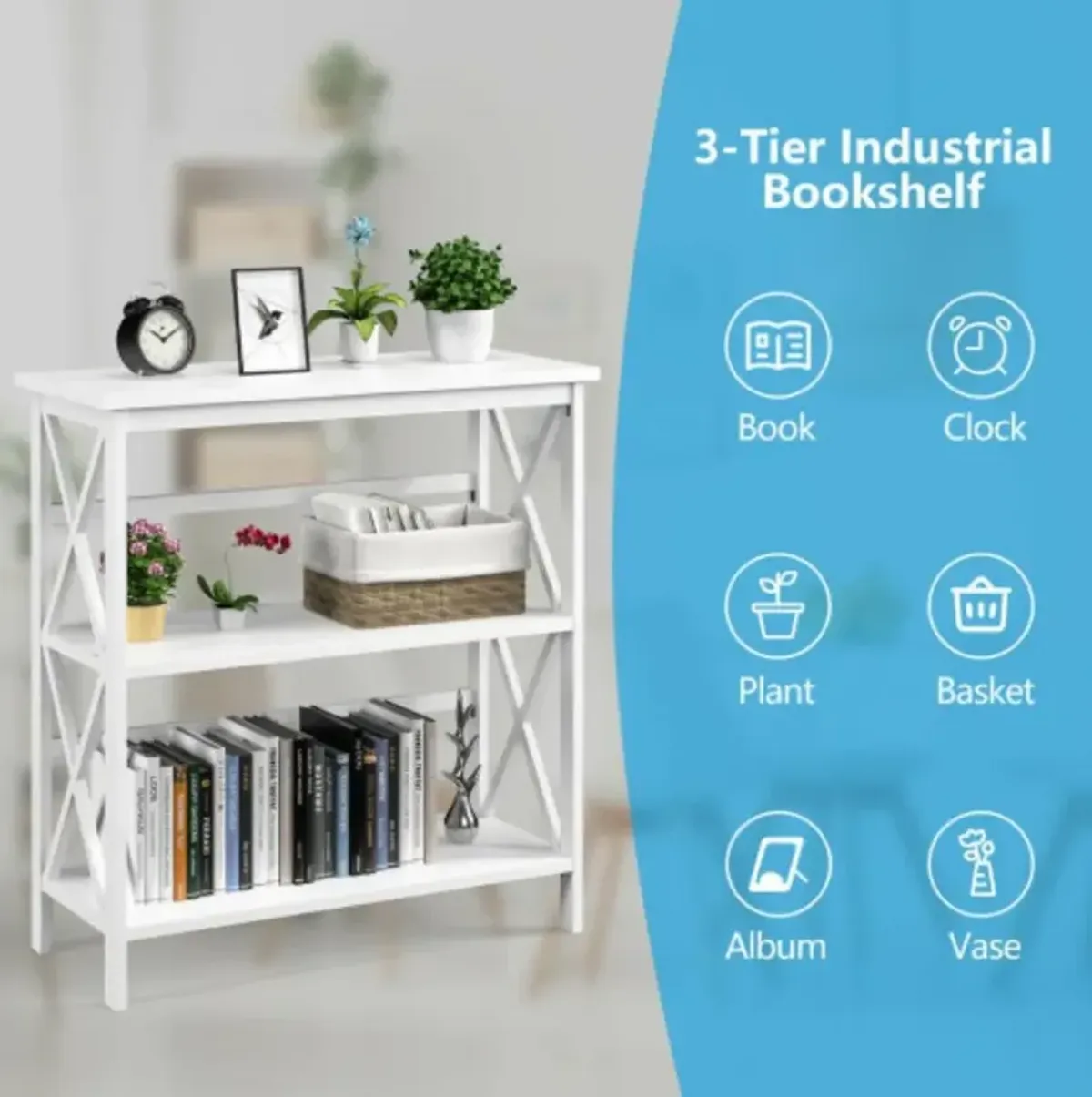 3-Tier Bookshelf Wooden Open Storage Bookcase for Home Office