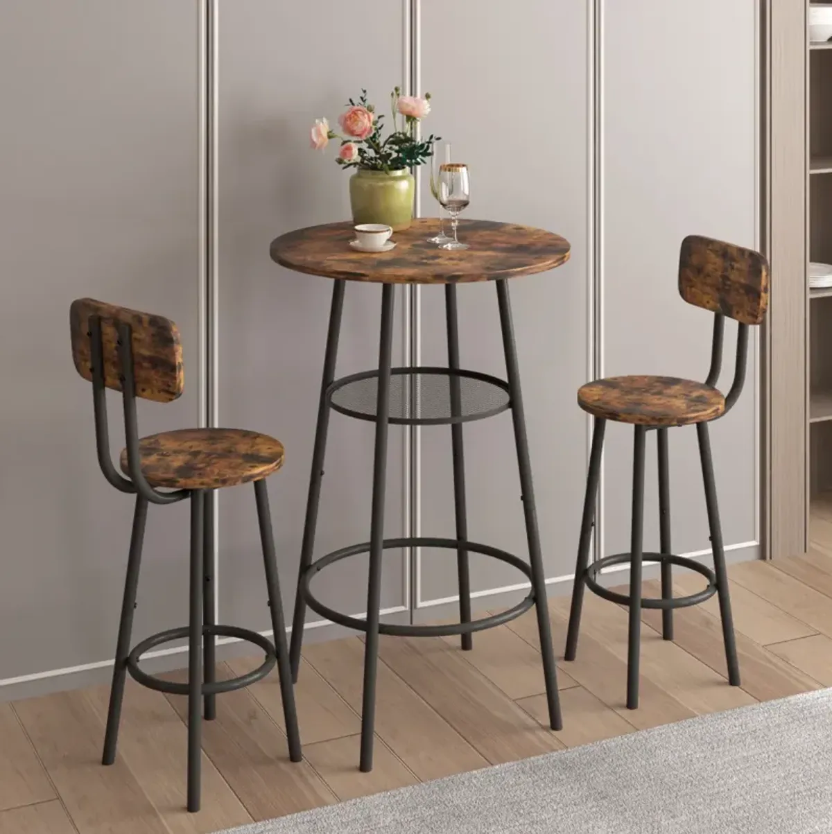 Bar Table, Equipped With 2 Bar Stools, With Backrest And Partition