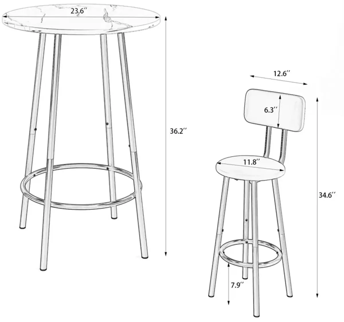 Bar Table, Equipped With 2 Bar Stools, With Backrest And Partition