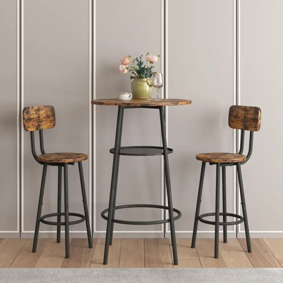 Bar Table, Equipped With 2 Bar Stools, With Backrest And Partition