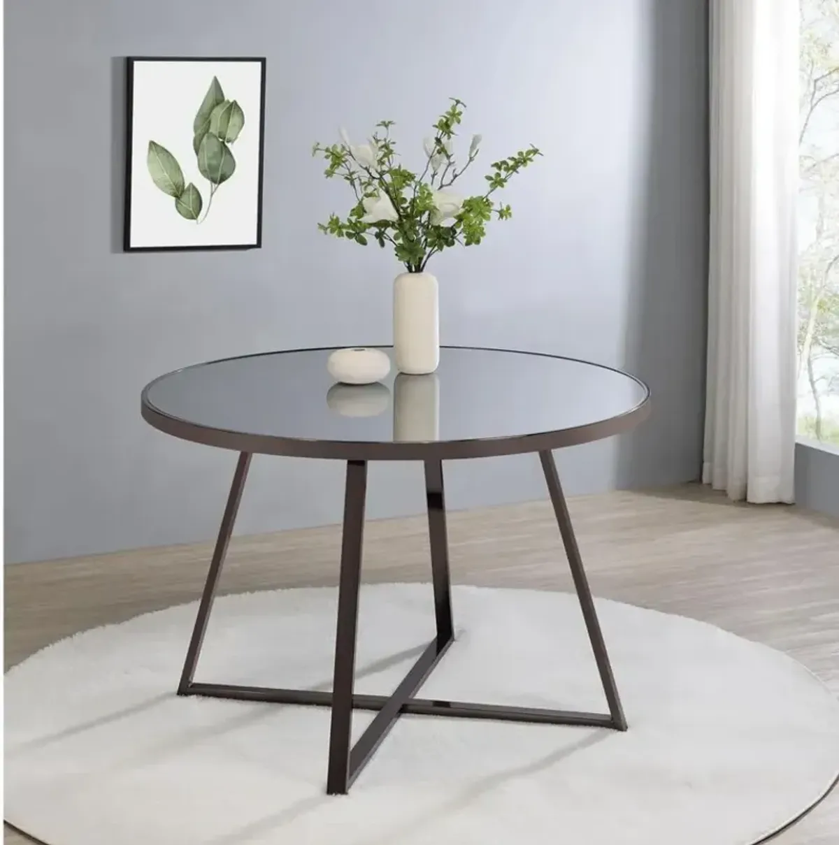 Jillian Round Dining Table with Tempered Mirror Top Black Nickel