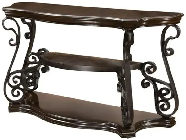Traditional Solid Sofa Table With Glass Inset, Metal Scrolls & 2 Shelves, Brown-Benzara