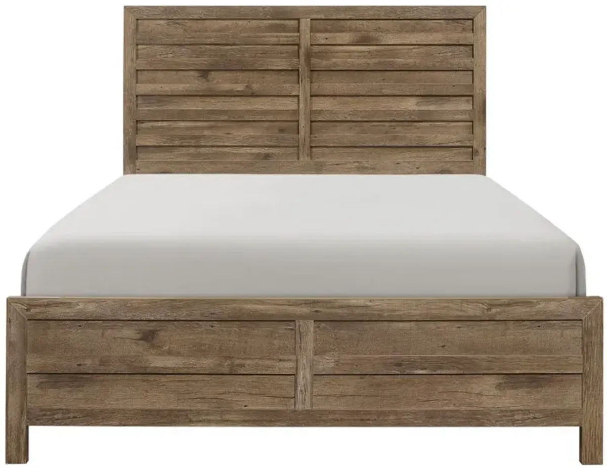 Zane Transitional Queen Bed, Wood Plank Design, Weathered Pine Veneer-Benzara