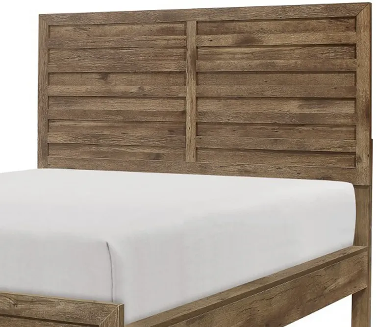 Zane Transitional Queen Bed, Wood Plank Design, Weathered Pine Veneer-Benzara