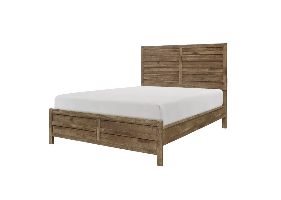 Zane Transitional Queen Bed, Wood Plank Design, Weathered Pine Veneer-Benzara