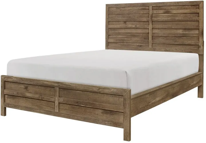 Zane Transitional Queen Bed, Wood Plank Design, Weathered Pine Veneer-Benzara