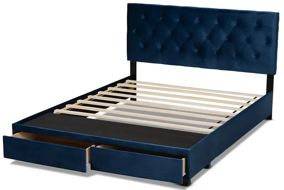 Baxton Studio Caronia Modern and Contemporary Navy Blue Velvet Fabric Upholstered 2-Drawer Queen Size Platform Storage Bed