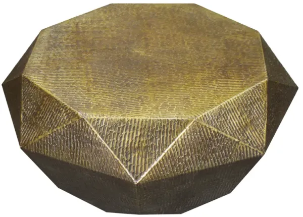 36 Inch Diamond Shape Drum Coffee Table, Octagon Top, Faceted Textured Sides, Aluminum, Antique Brass-Benzara