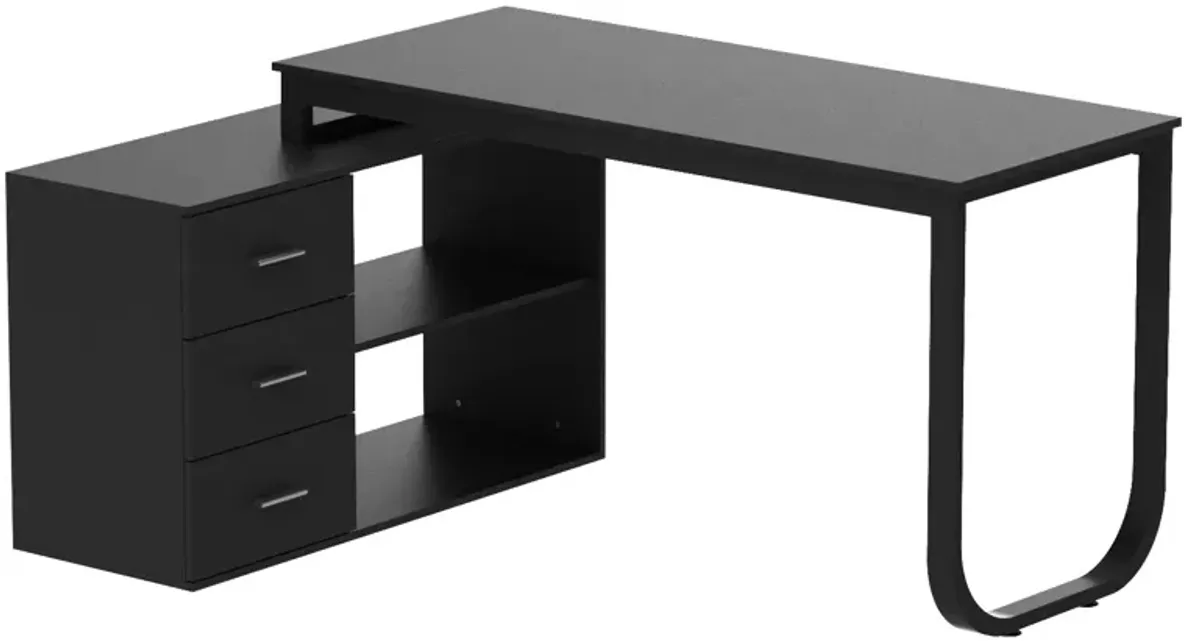 55.1 in. L-Shaped Black Wood Computer Desk Writing Desk Office Executive Desk With Removable Tabletop, Shelves 3-Drawers