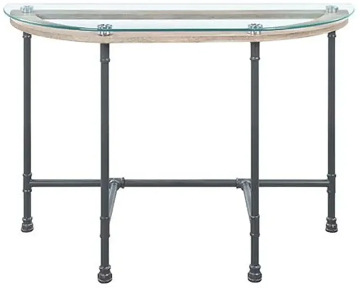 Wood Side Table, Oval Tempered Glass Top, Metal Pipe Style Legs, Clear Glass, Sandy Gray-Benzara