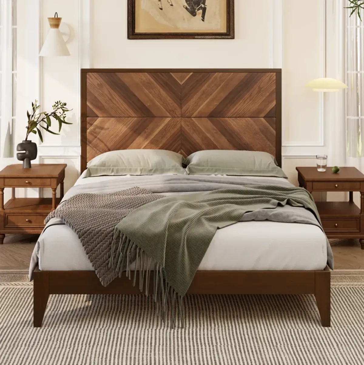 Gewnee Mid-Century Modern Platform Bed Wood Slat Support with No Box Spring Needed,King Walnut