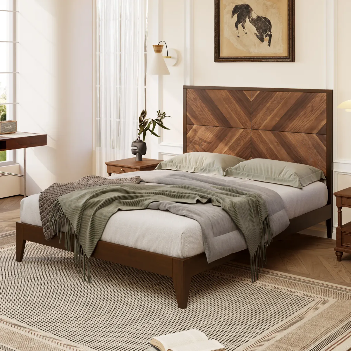 Gewnee Mid-Century Modern Platform Bed Wood Slat Support with No Box Spring Needed,King Walnut