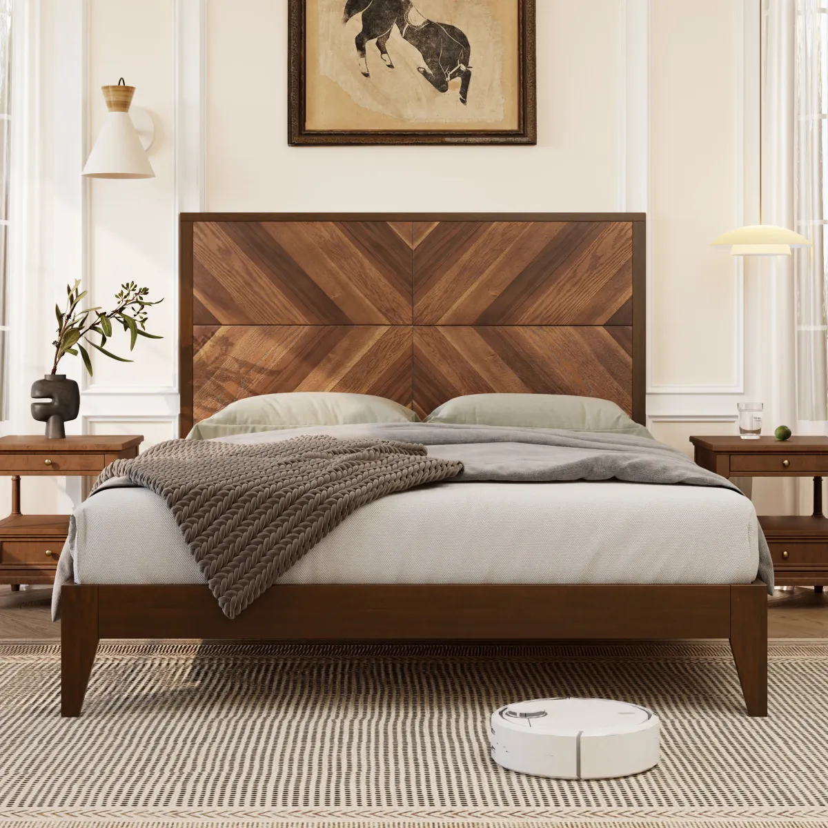 Gewnee Mid-Century Modern Platform Bed Wood Slat Support with No Box Spring Needed,King Walnut