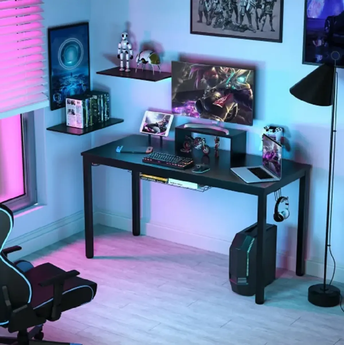 55 Inch Ergonomic Gaming Desk with Monitor Shelf