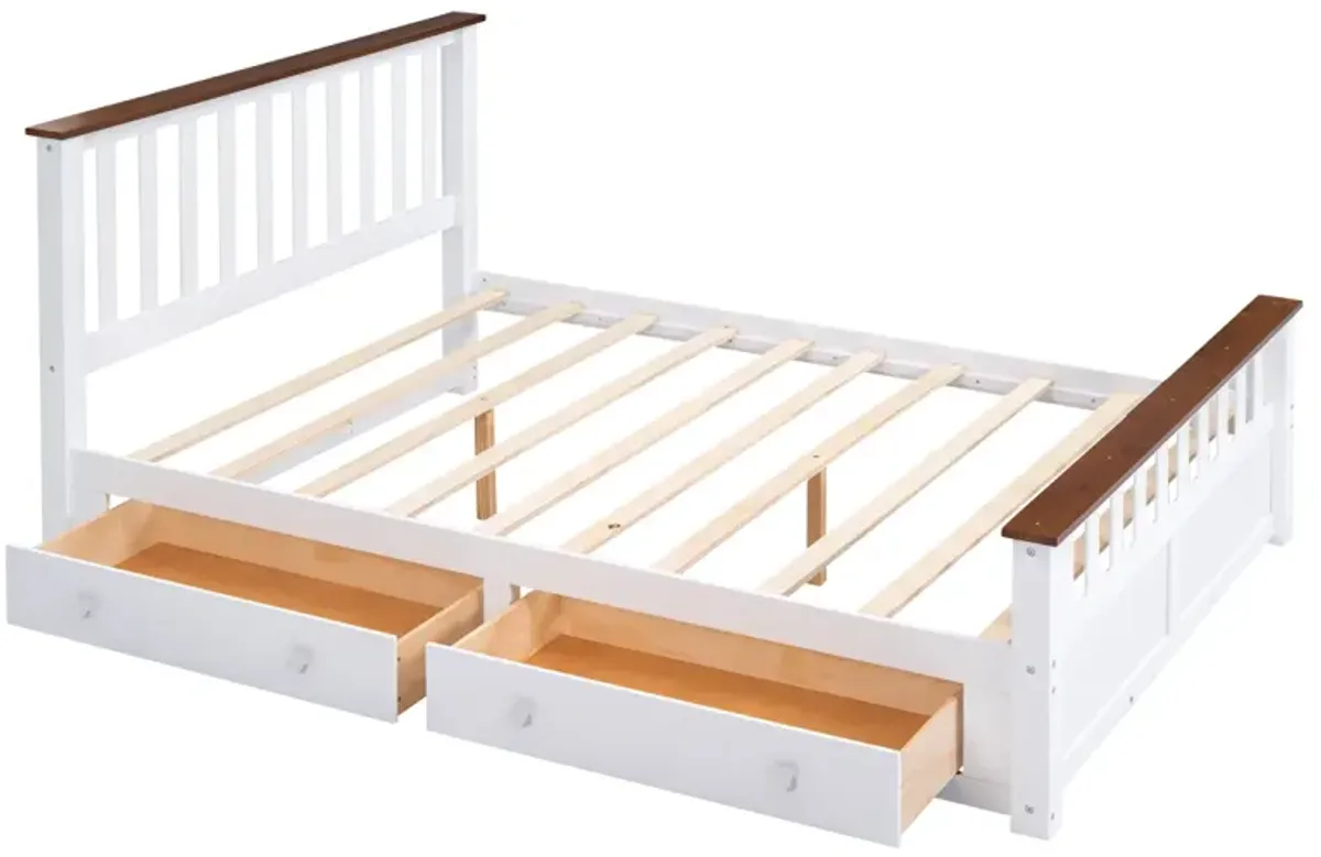 Queen Size Wood Platform Bed With Two Drawers And Wooden Slat Support