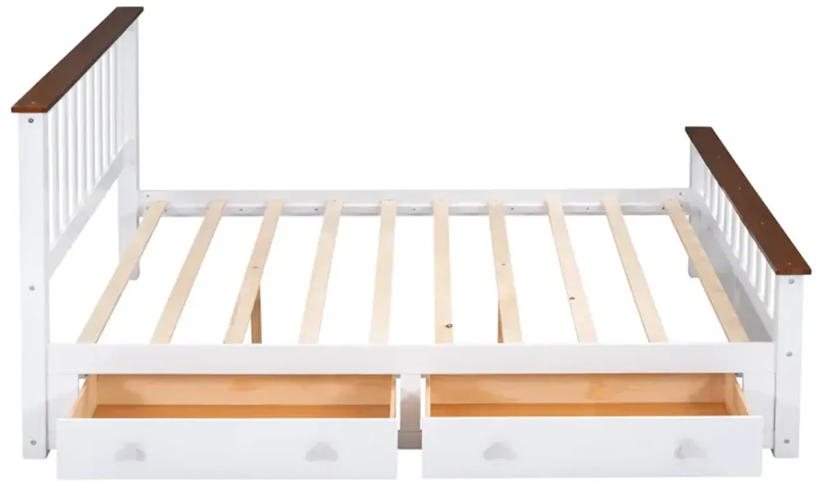 Queen Size Wood Platform Bed With Two Drawers And Wooden Slat Support