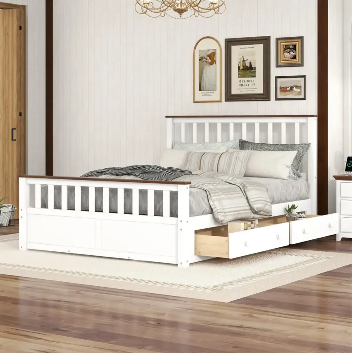 Queen Size Wood Platform Bed With Two Drawers And Wooden Slat Support