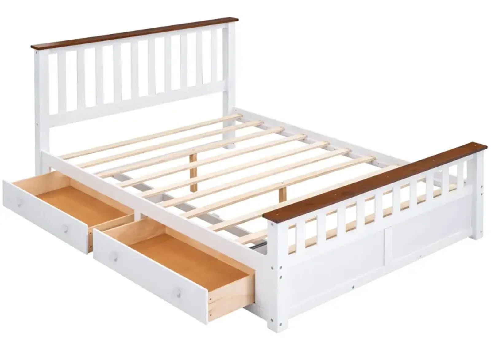 Queen Size Wood Platform Bed With Two Drawers And Wooden Slat Support