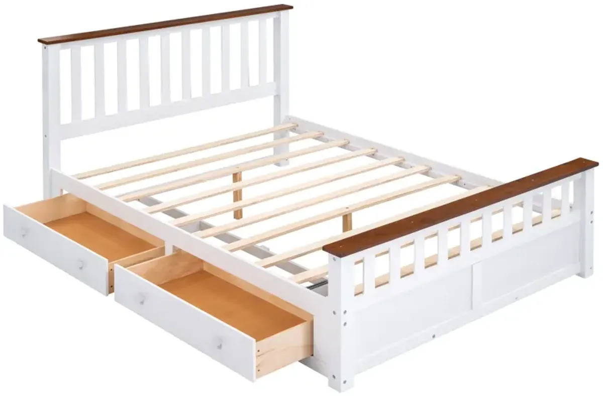 Queen Size Wood Platform Bed With Two Drawers And Wooden Slat Support