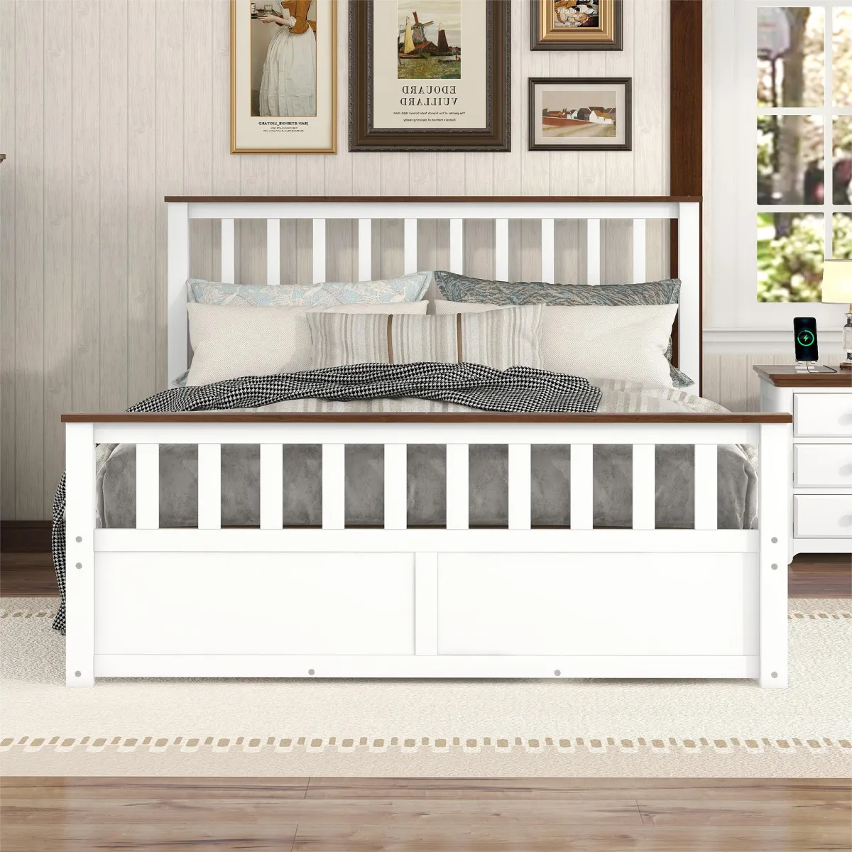 Queen Size Wood Platform Bed with Two Drawers and Wooden Slat Support, White+walnut