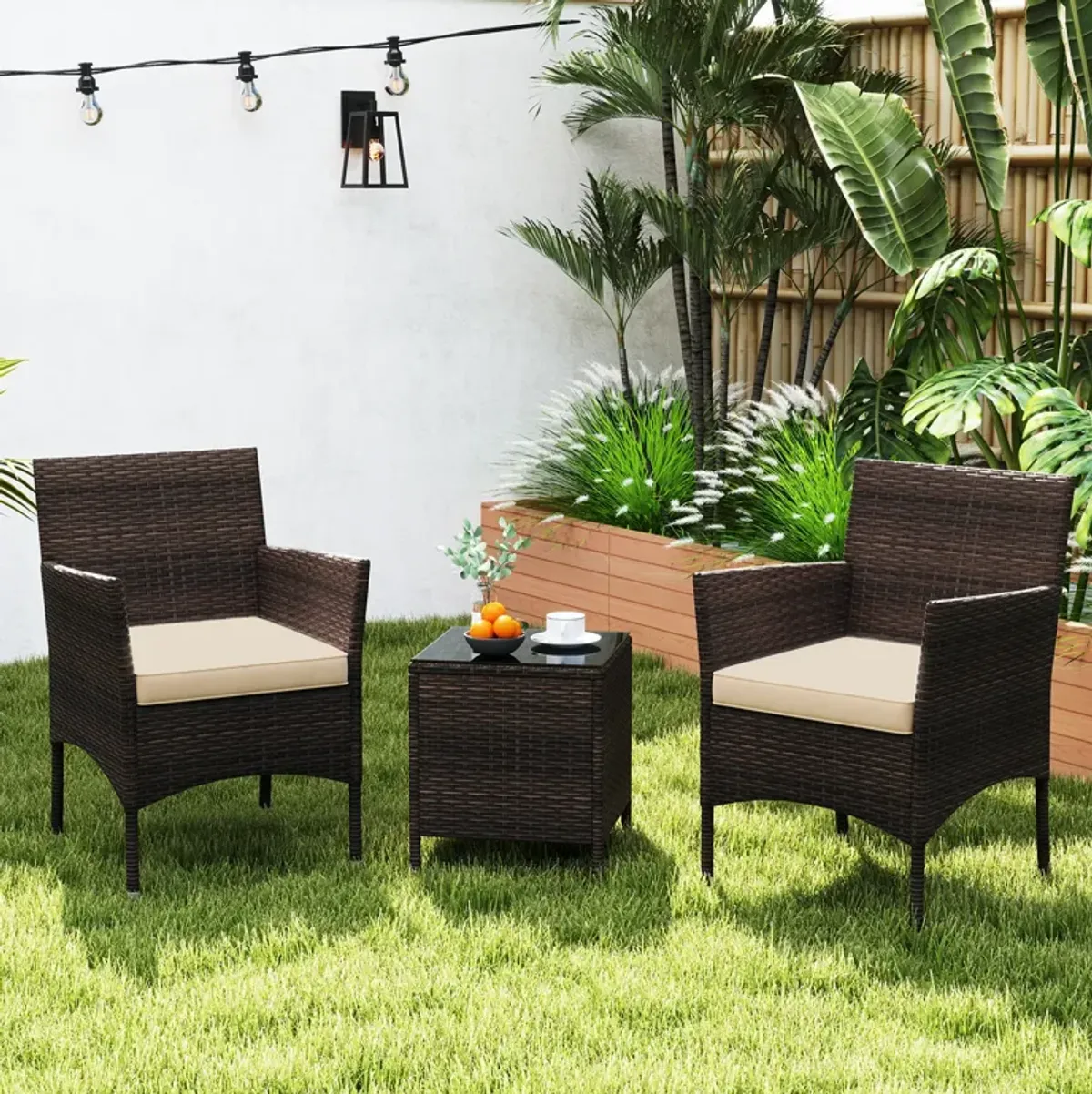 3 Pieces Outdoor Conversation Set with Cushioned Seat and Glass Tabletop-Beige