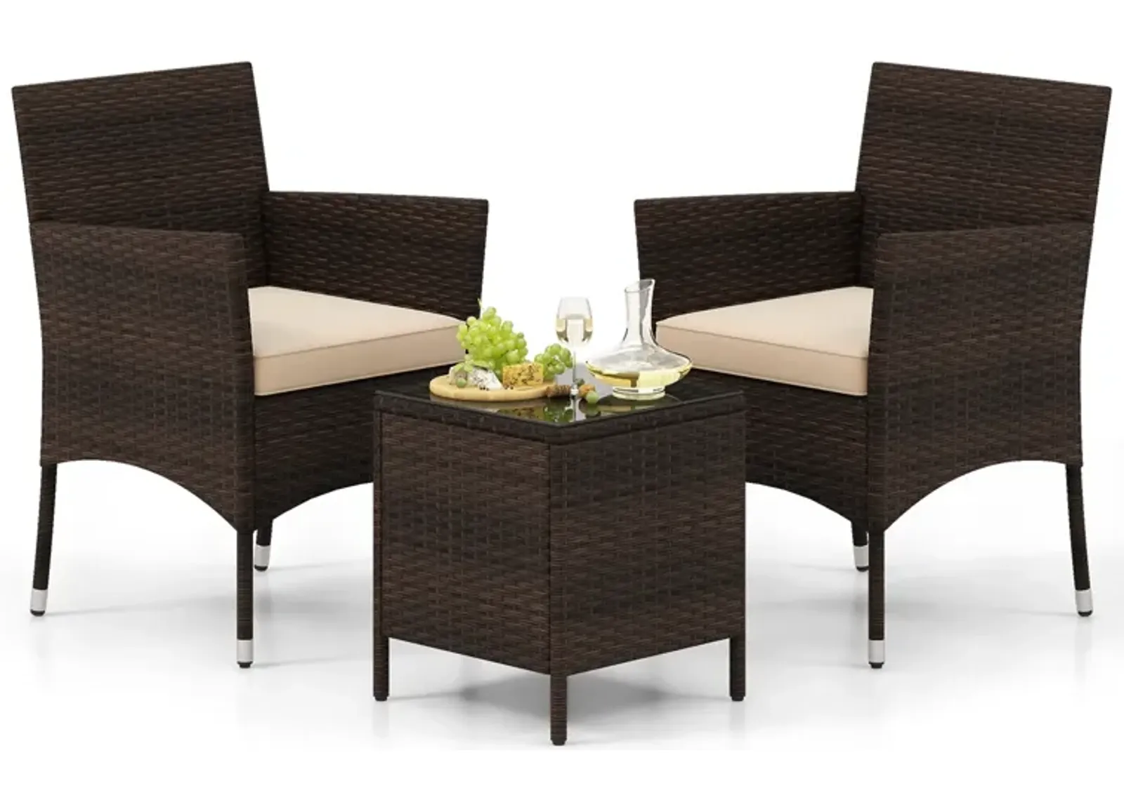 3 Pieces Outdoor Conversation Set with Cushioned Seat and Glass Tabletop-Beige