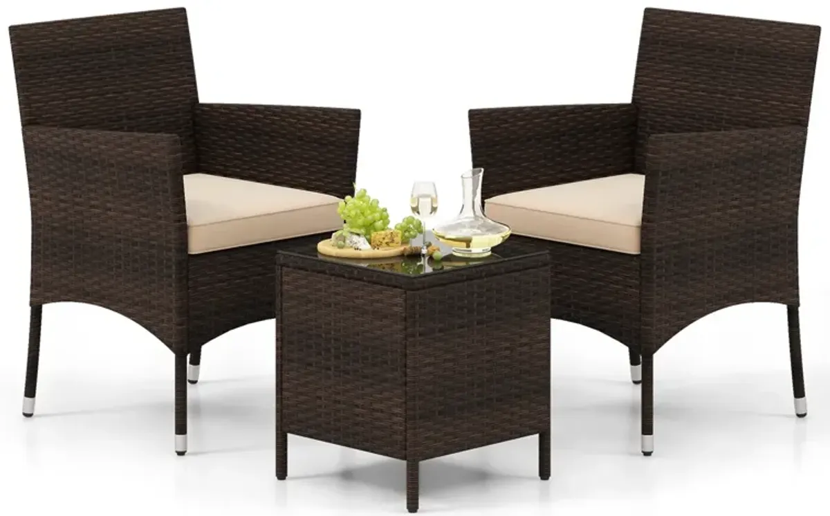 3 Pieces Outdoor Conversation Set with Cushioned Seat and Glass Tabletop-Beige