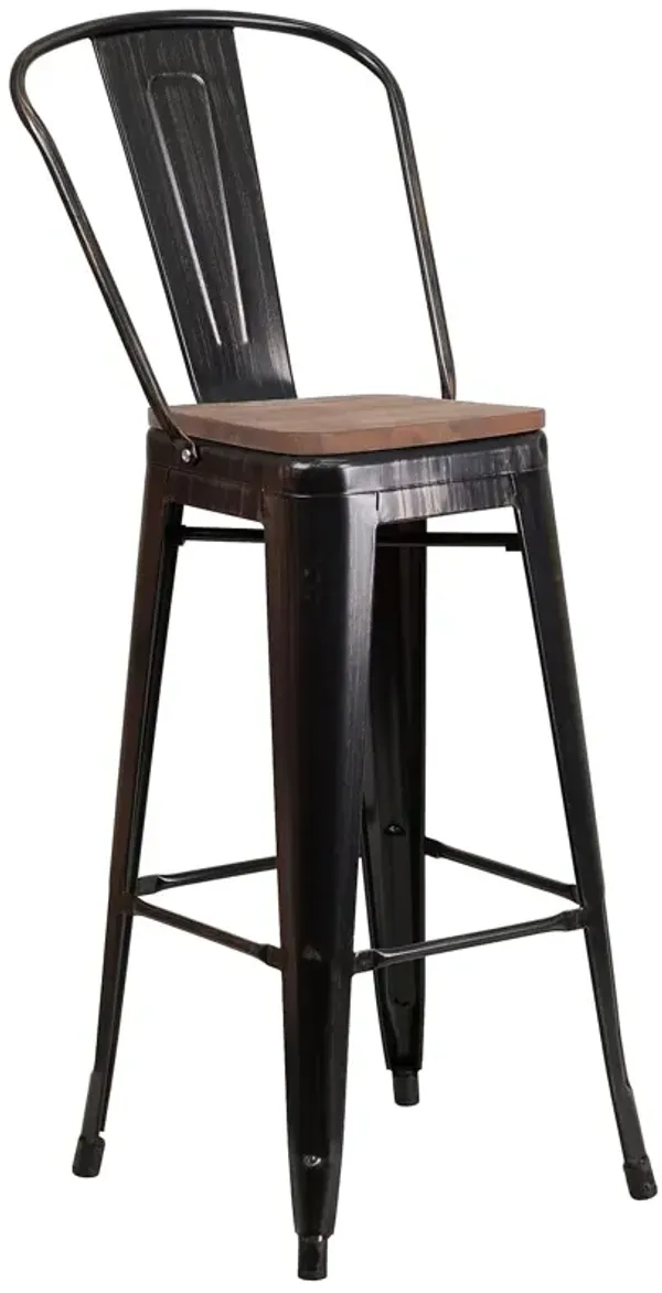 Flash Furniture Lily 30" High Black-Antique Gold Metal Barstool with Back and Wood Seat