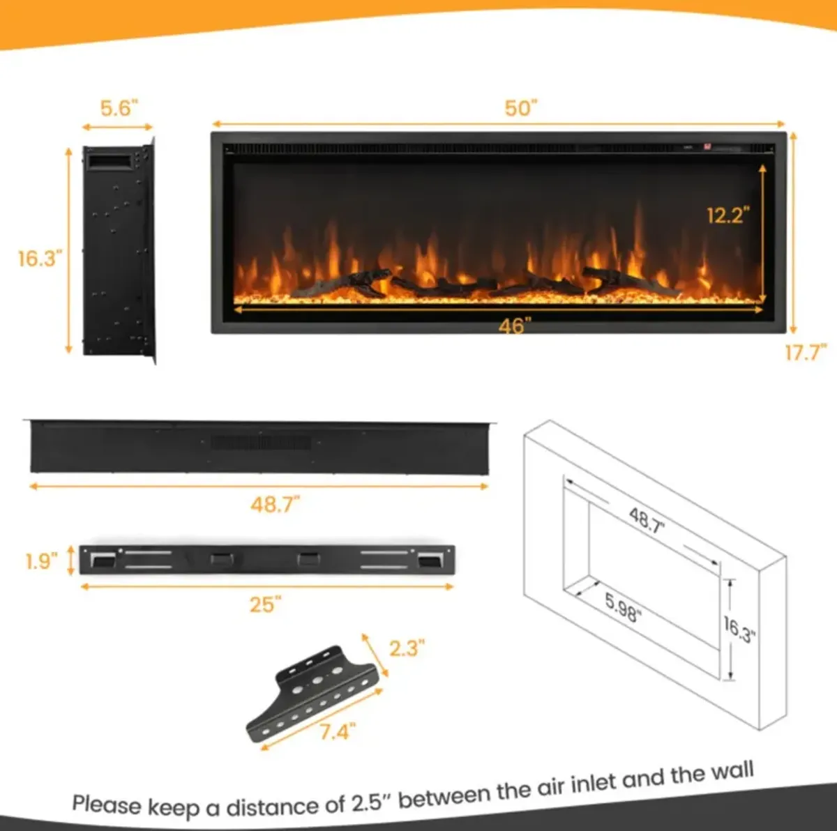 Hivvago Electric Fireplace in-Wall Recessed with Remote Control and Adjustable Color and Brightness