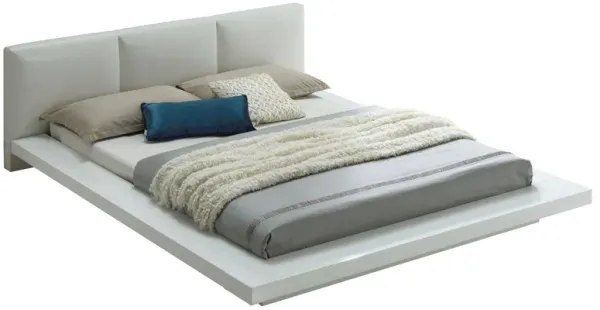 Wooden Queen Size Low Profile Bed with Padded Headboard, White-Benzara