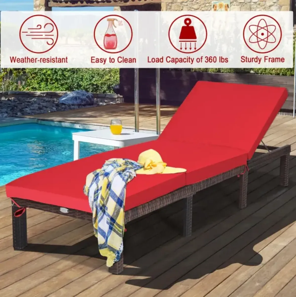 Hivvago Paito Wicker Chaise Lounger with Adjustable Backrest and Cushion