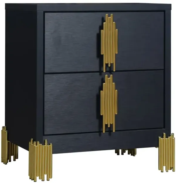 Theo Nightstand, 2 Drawers, Retro Gold Handles and Black Wood, 25 Inch - Benzara
