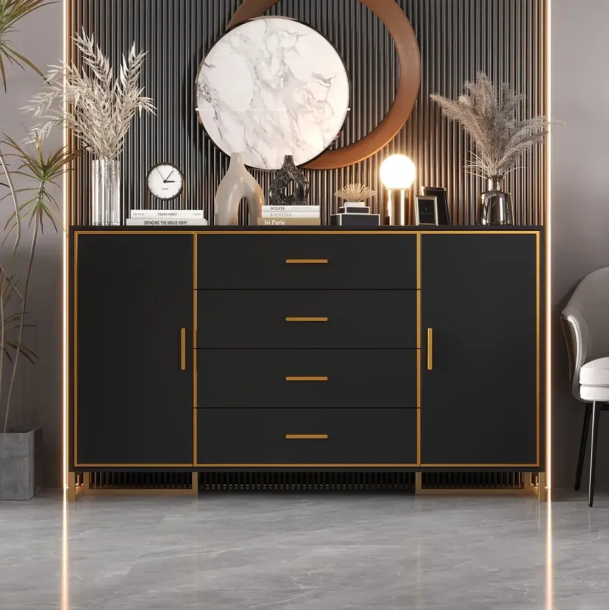 FUFU&GAGA Modern 4-Drawer Storage Cabinet with Gold Accents, Adjustable Shelves, Black Finish (63" W x 36.6" H x 15.7" D),Black