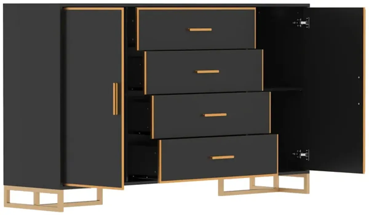 FUFU&GAGA Modern 4-Drawer Storage Cabinet with Gold Accents, Adjustable Shelves, Black Finish (63" W x 36.6" H x 15.7" D),Black