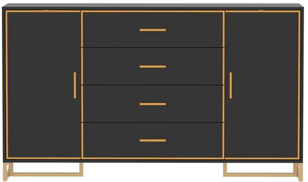 FUFU&GAGA Modern 4-Drawer Storage Cabinet with Gold Accents, Adjustable Shelves, Black Finish (63" W x 36.6" H x 15.7" D),Black
