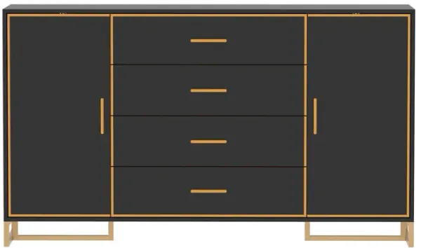 FUFU&GAGA Modern 4-Drawer Storage Cabinet with Gold Accents, Adjustable Shelves, Black Finish (63" W x 36.6" H x 15.7" D),Black