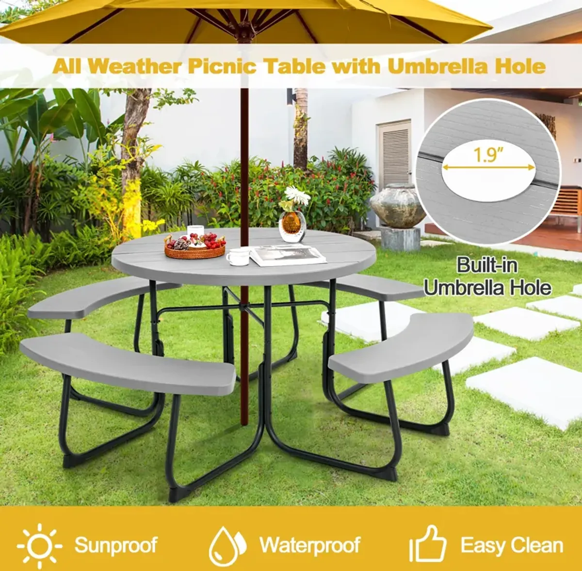 8-Person Outdoor Picnic Table and Bench Set with Umbrella Hole